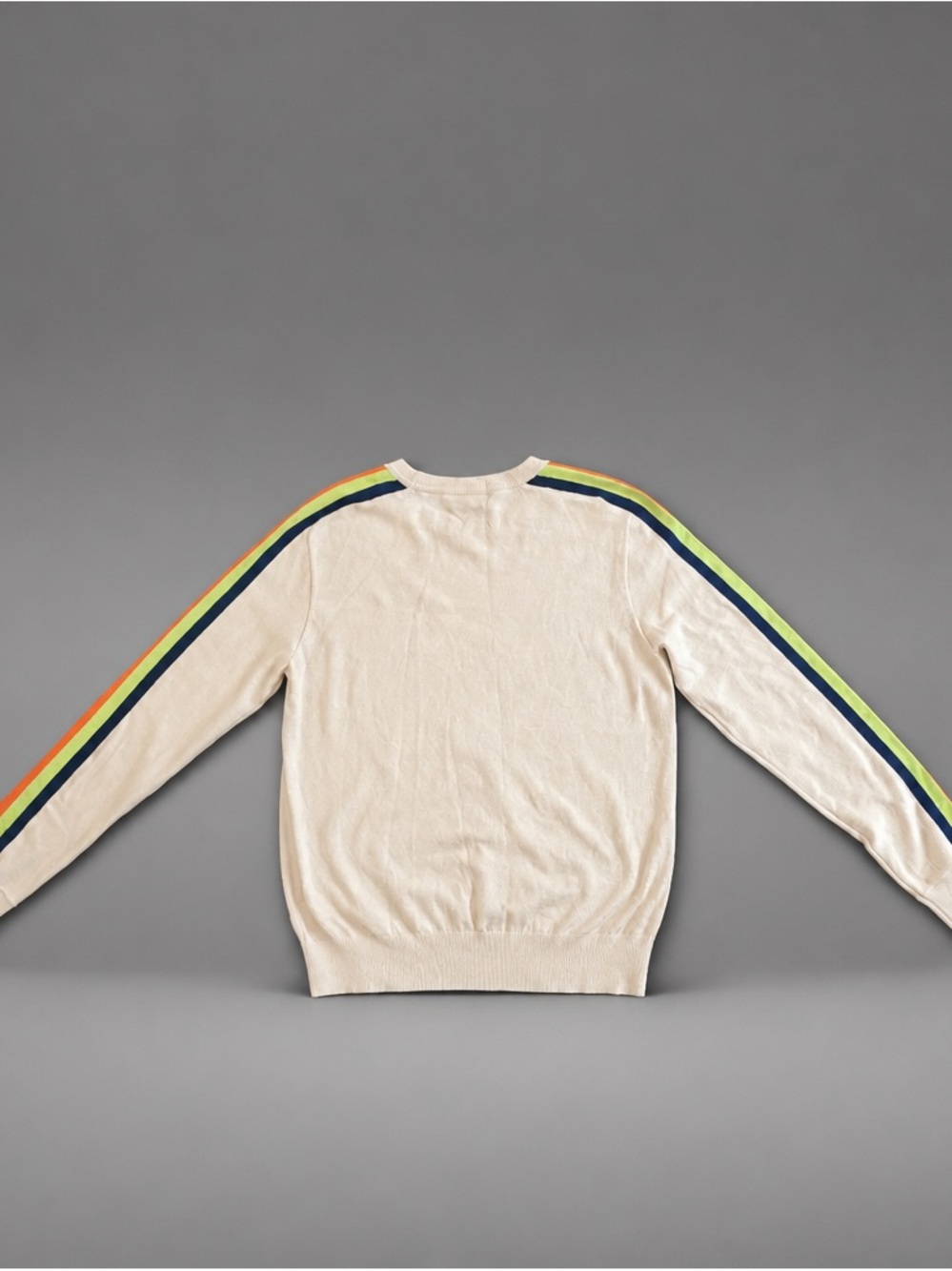 THML Beige Crewneck Sweater with Pink Blue and Orange Stripe Sleeves - Picture 3 of 8